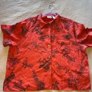 Chico's Vibrant Red orange Linen Top with Artistic Print